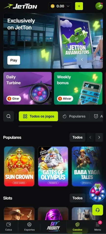 Tela inicial do cassino Jetton no celular, com cartões de bônus diário e semanal e a fileira de jogos populares